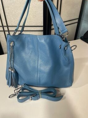 HESHE Luxury Genuine Leather Satchel: Chic Sky Blue Edition With Dual Compartmen